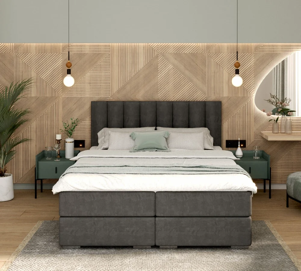 Łóżko kontynentalne LINCOLN materace, 2 pojemniki na pościel - 140x200 - TRINITY - Grafitowy