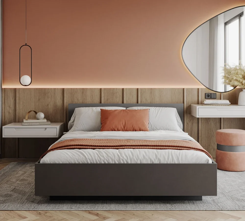 Łóżko lewitujące do sypialni LIMA z pojemnikiem i stelażem podnoszonym - 120x200 - PŁYTA - Szary